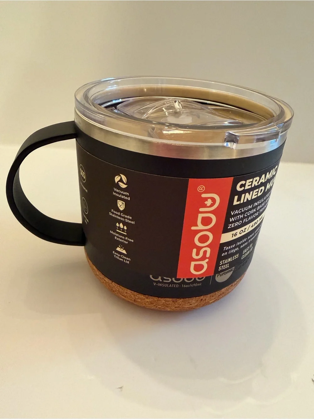 Asobu Puramic Ceramic Lined Vacuum Insulated Mug 16 oz Black Cork Base